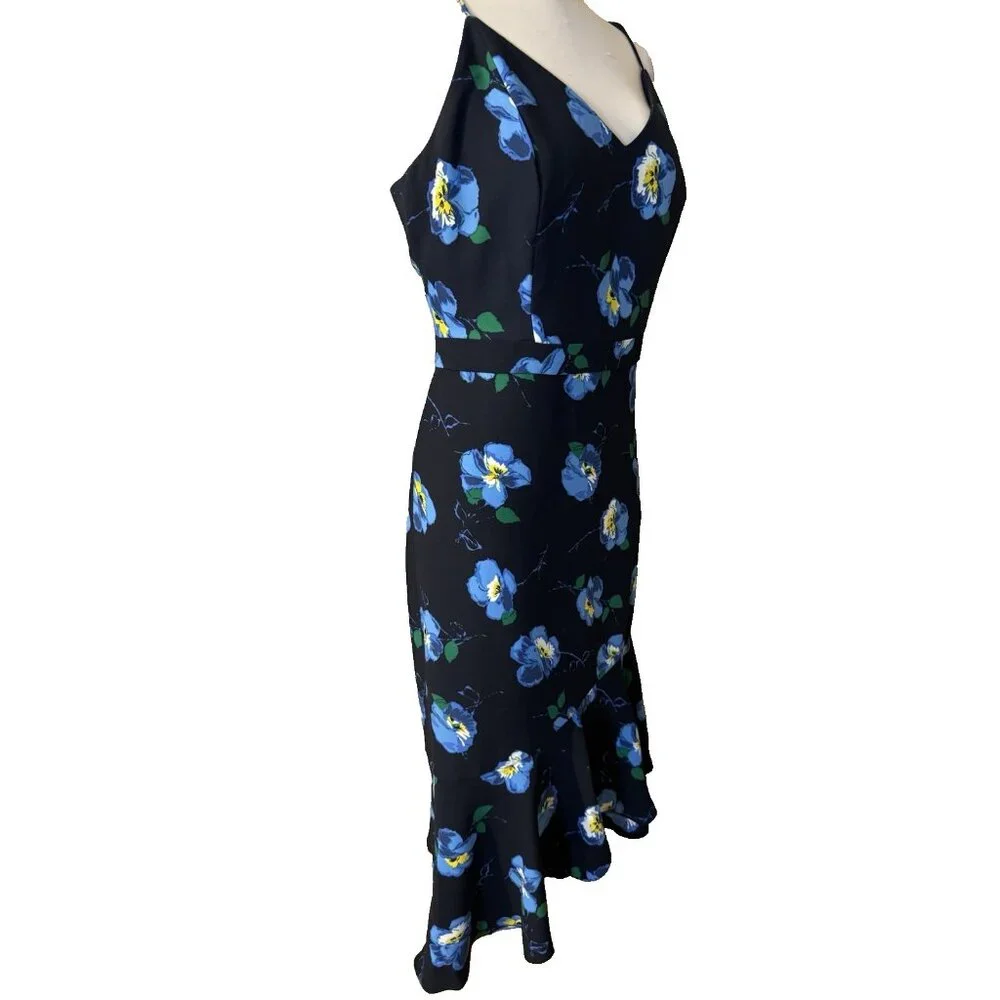 Banana Republic Slip Dress 12 Blue Black Washable Flowy Floral Midi Sleeveless
